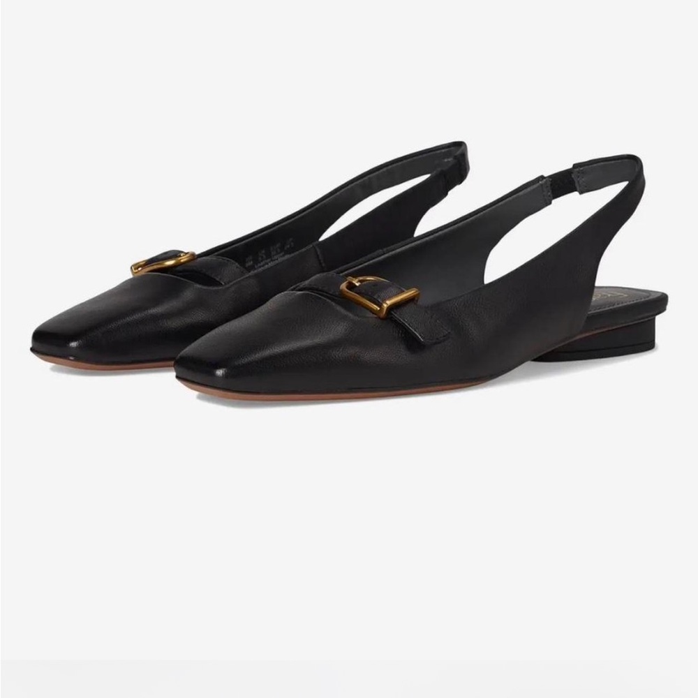 Franco Sarto Black Slingback Flats with Gold Buckle